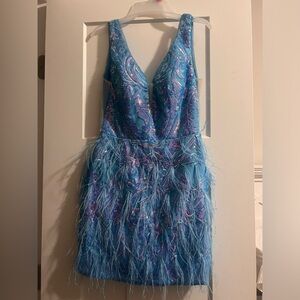 blue and purple sequin homecoming dress with feathers!!